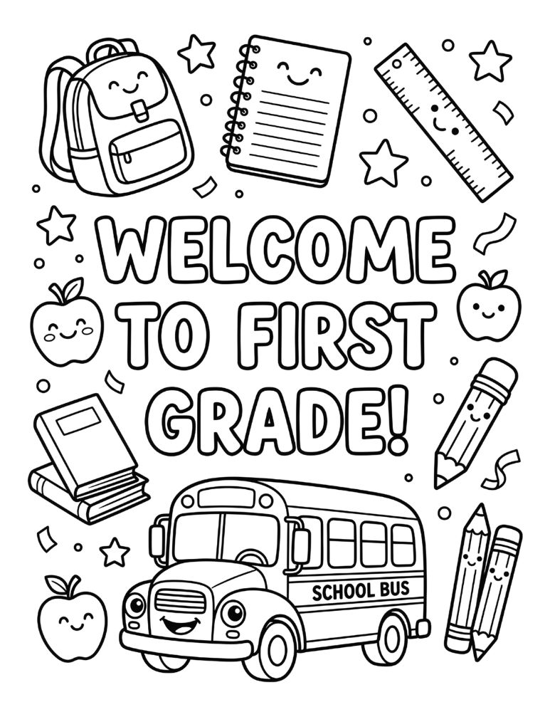 Welcome to First Grade coloring page with bubble letters, books, backpack, pencils, ruler, and apple.
