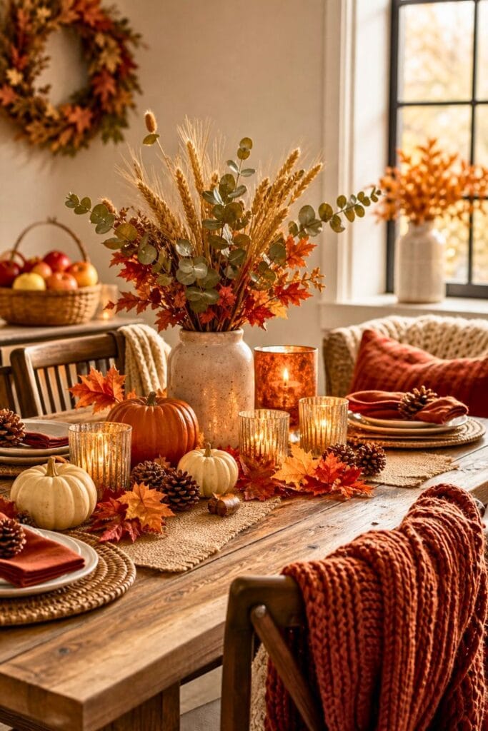 A cozy indoor fall party setup with a wooden table decorated with pumpkins, candles, and autumn leaves, surrounded by warm blankets and pillows.