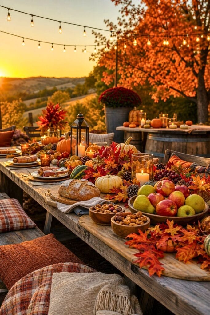 An outdoor fall harvest party setup with a wooden table decorated with pumpkins, autumn leaves, fruits, candles, and warm textiles under string lights surrounded by trees with colorful foliage.