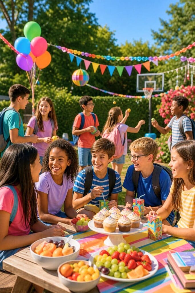 Children and teenagers enjoying a colorful back-to-school party outdoors with decorations, snacks, and games.