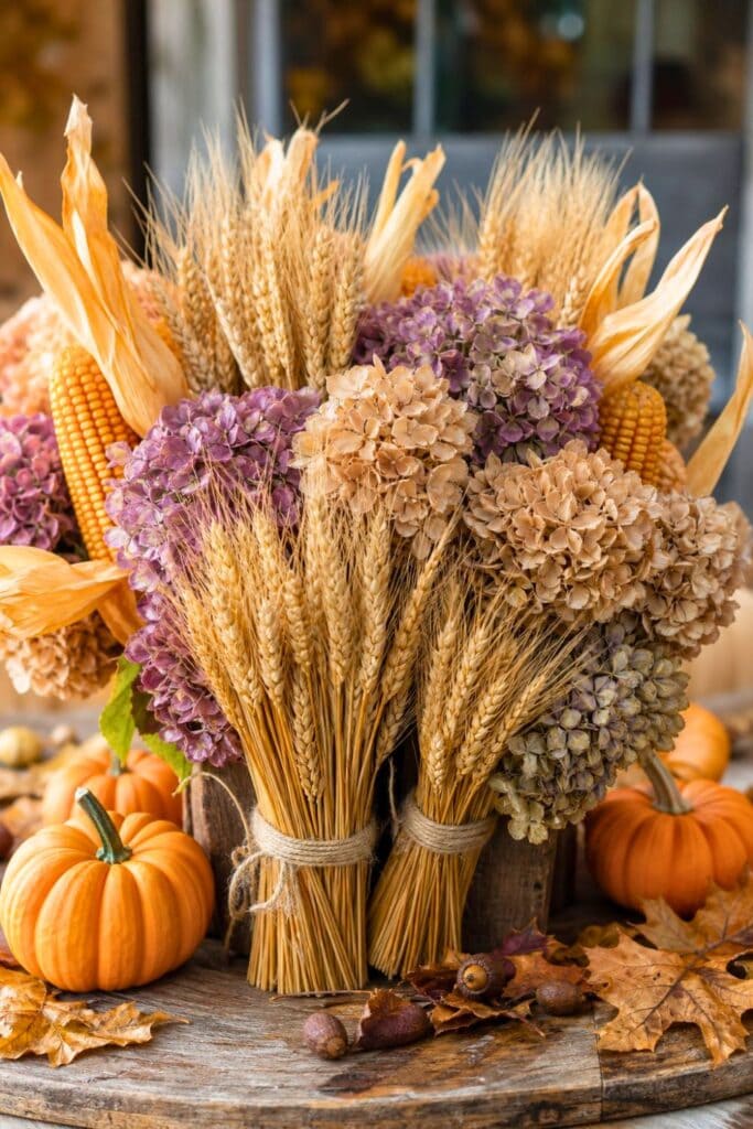 A fall harvest centerpiece with wheat bundles, corn husks, and dried hydrangeas arranged on a wooden table with small pumpkins and autumn leaves.