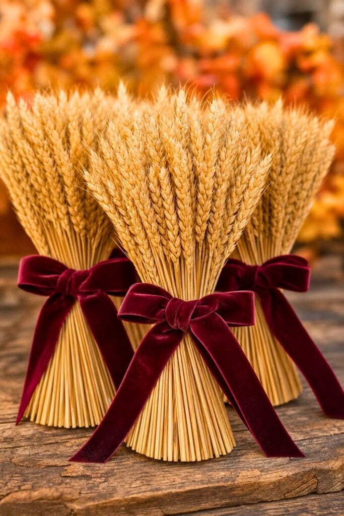 Bundles of wheat tied with velvet ribbons arranged on a wooden surface with autumn colors in the background.