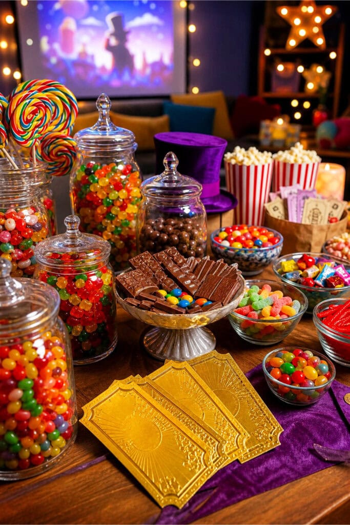 A candy tasting table with colorful jars of sweets and golden tickets arranged for a children's movie night party.