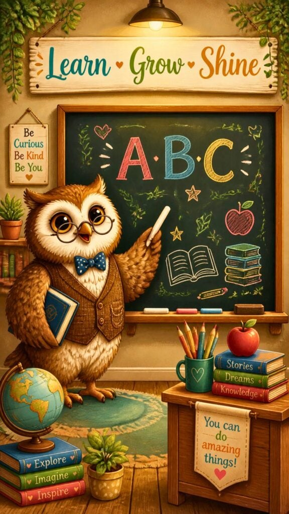 Cute owl teacher classroom wallpaper with books, chalkboard, school supplies, and Learn Grow Shine text.