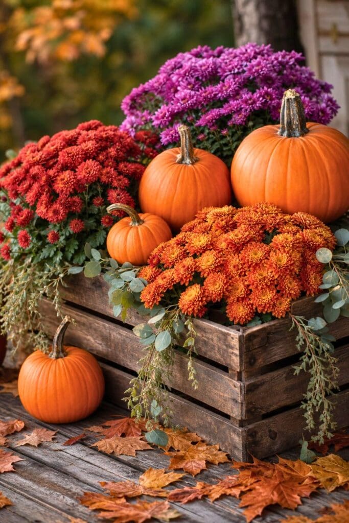 Wooden crate filled with pumpkins and colorful autumn mums on a wooden surface surrounded by fall leaves.
