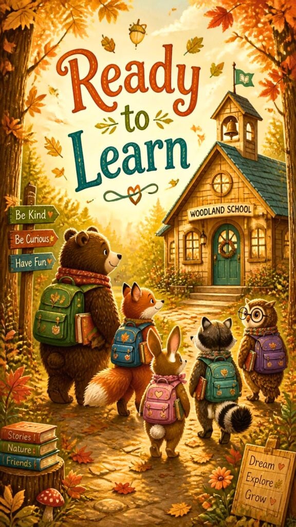 Woodland animals wearing backpacks walking to school beneath autumn trees with Ready to Learn text.