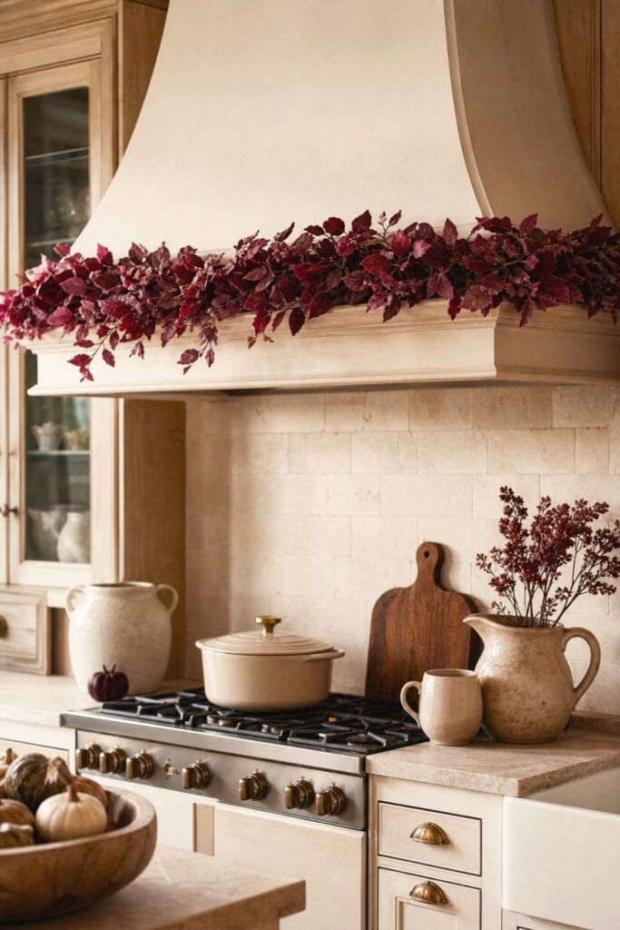 15 Farmhouse Fall Kitchen Decor Ideas 13 A farmhouse kitchen with a burgundy leaf garland arranged along a range hood shelf.