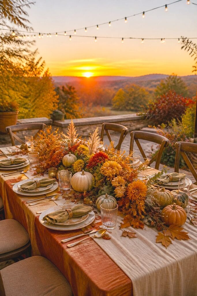 An outdoor autumn dining table decorated with a floral garland, place settings, pumpkins, and seasonal foliage.