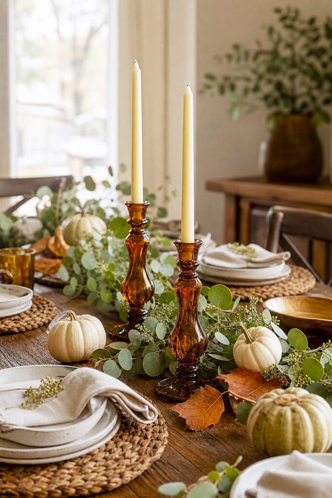 Farmhouse dining table decorated with amber glass taper candles and an eucalyptus garland surrounded by autumn accents.