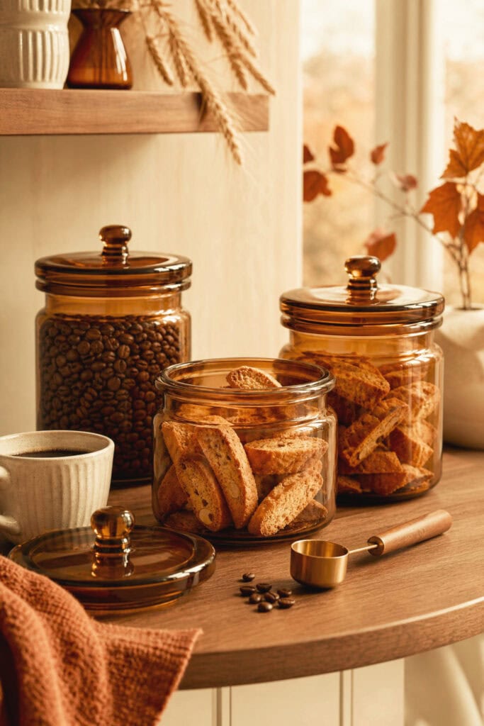 Amber glass canisters filled with coffee beans and biscotti on a cozy fall coffee bar.