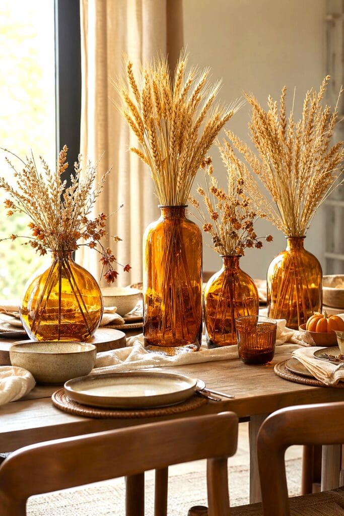 Amber glass vases filled with dried wheat stems arranged along an autumn dining table.