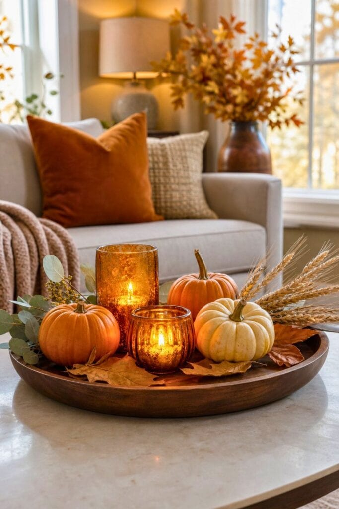 A coffee table tray holds glowing amber votive candles and small autumn pumpkins in a cozy living room.