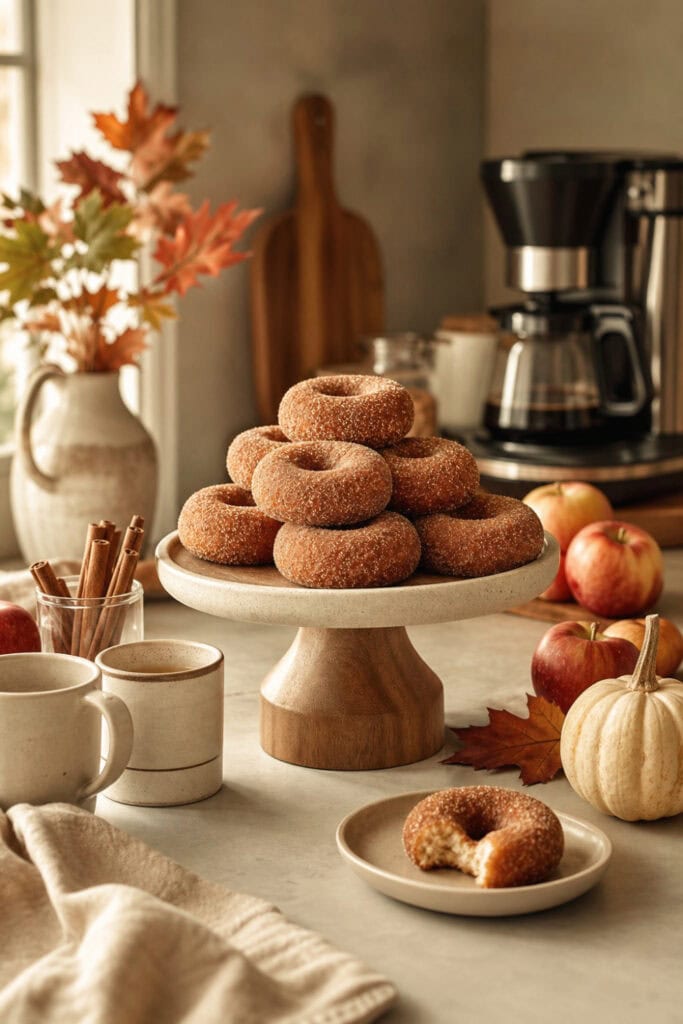 A tiered stand of apple cider donuts surrounded by autumn coffee bar accessories and seasonal decorations.
