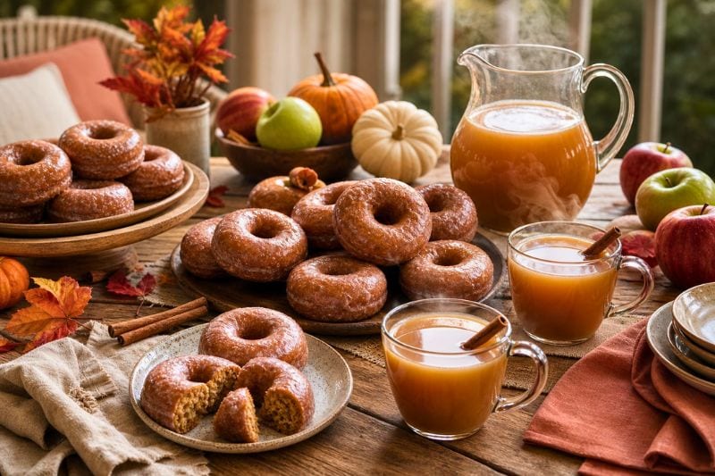 A table with apple cider donuts, warm cider, apples, pumpkins, and autumn decorations prepared for a tasting party.