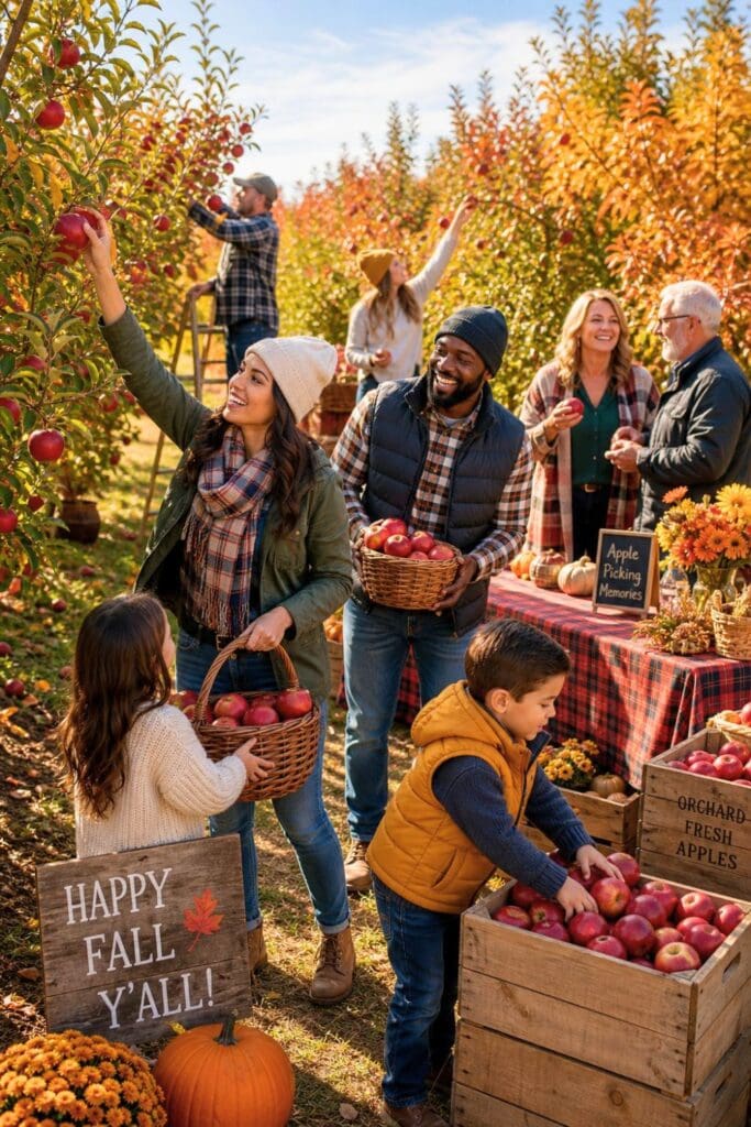 People picking apples in an orchard surrounded by autumn trees with baskets and crates of apples.