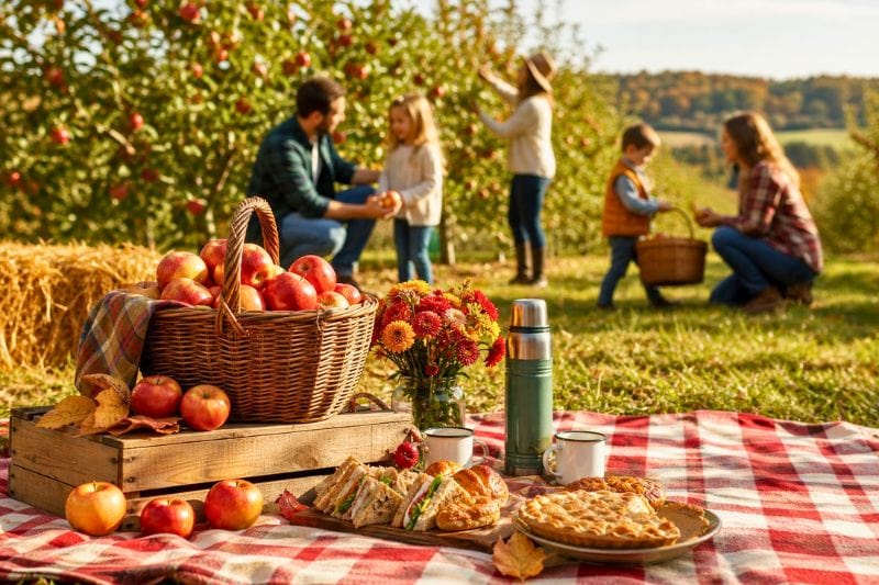 A family enjoys a picnic among apple trees during an autumn apple-picking celebration.