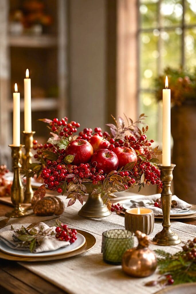 An autumn table centerpiece with red apples, berries, and glowing candles.
