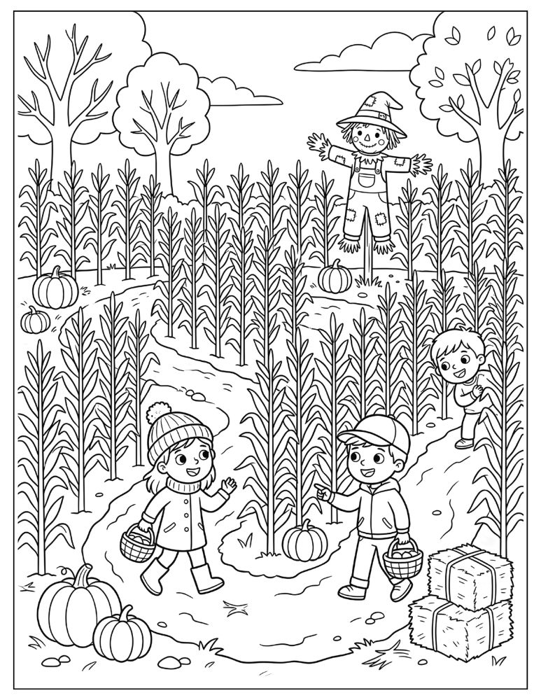 Autumn corn maze with winding paths, pumpkins, hay bales, a scarecrow, and trees with falling leaves.