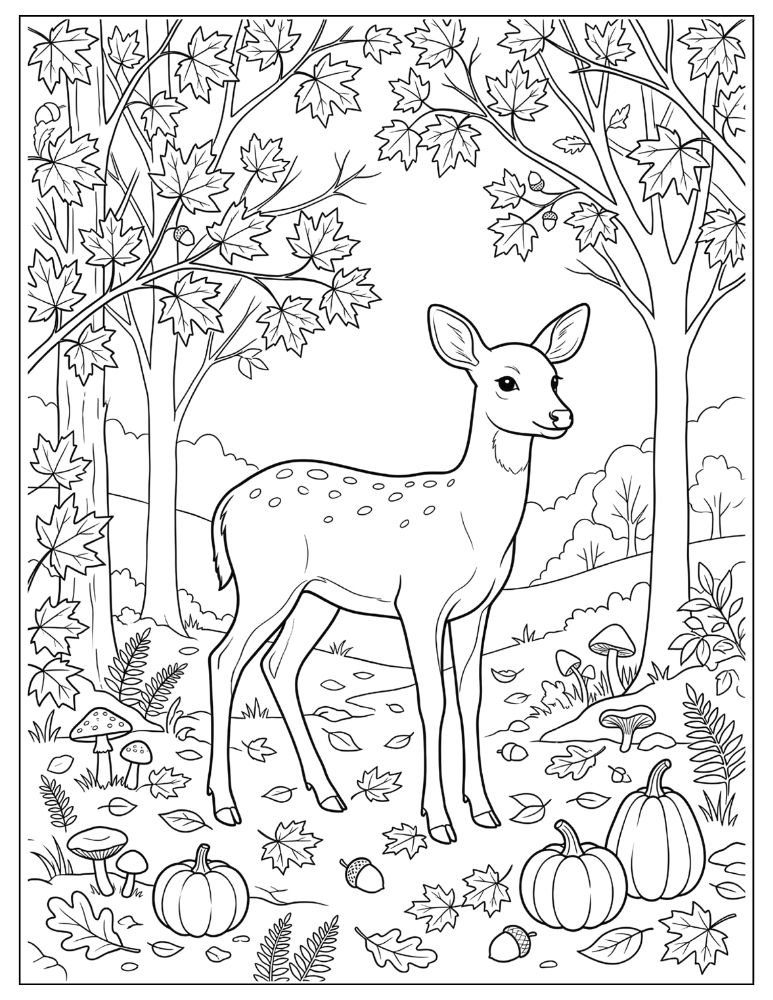Graceful deer standing in an autumn forest surrounded by maple trees, fallen leaves, mushrooms, ferns, and pumpkins.