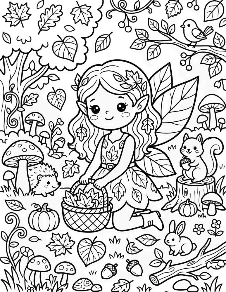 Whimsical autumn fairy collecting colorful fall leaves in a woodland forest.