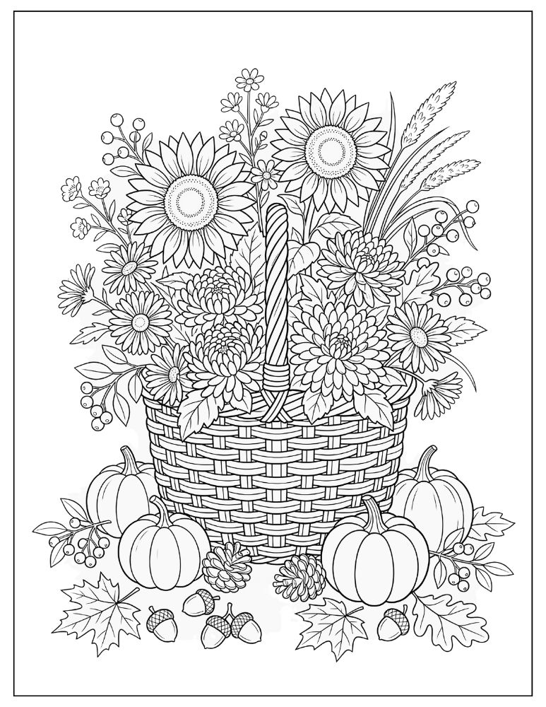 Basket overflowing with sunflowers, chrysanthemums, asters, berries, autumn leaves, pumpkins, and pinecones.