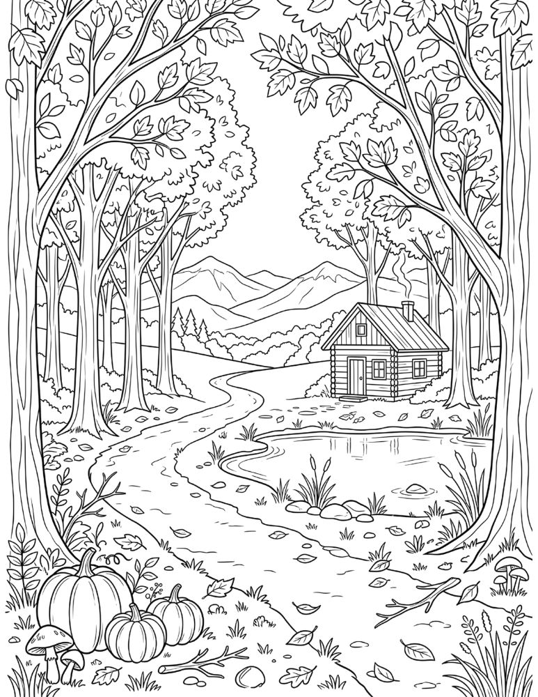 Peaceful autumn forest with a winding path, mountain view, cabin, pond, pumpkins, mushrooms, and fallen leaves.