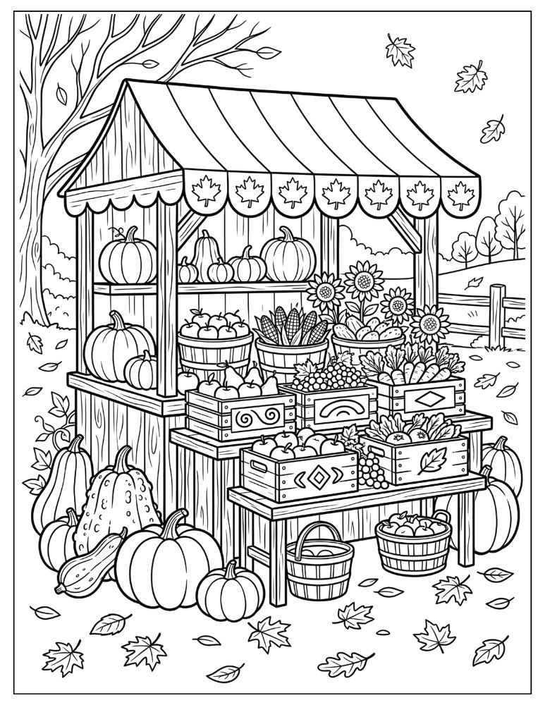 Charming fall farmers market stand filled with pumpkins, apples, pears, corn, sunflowers, and baskets of fresh produce.