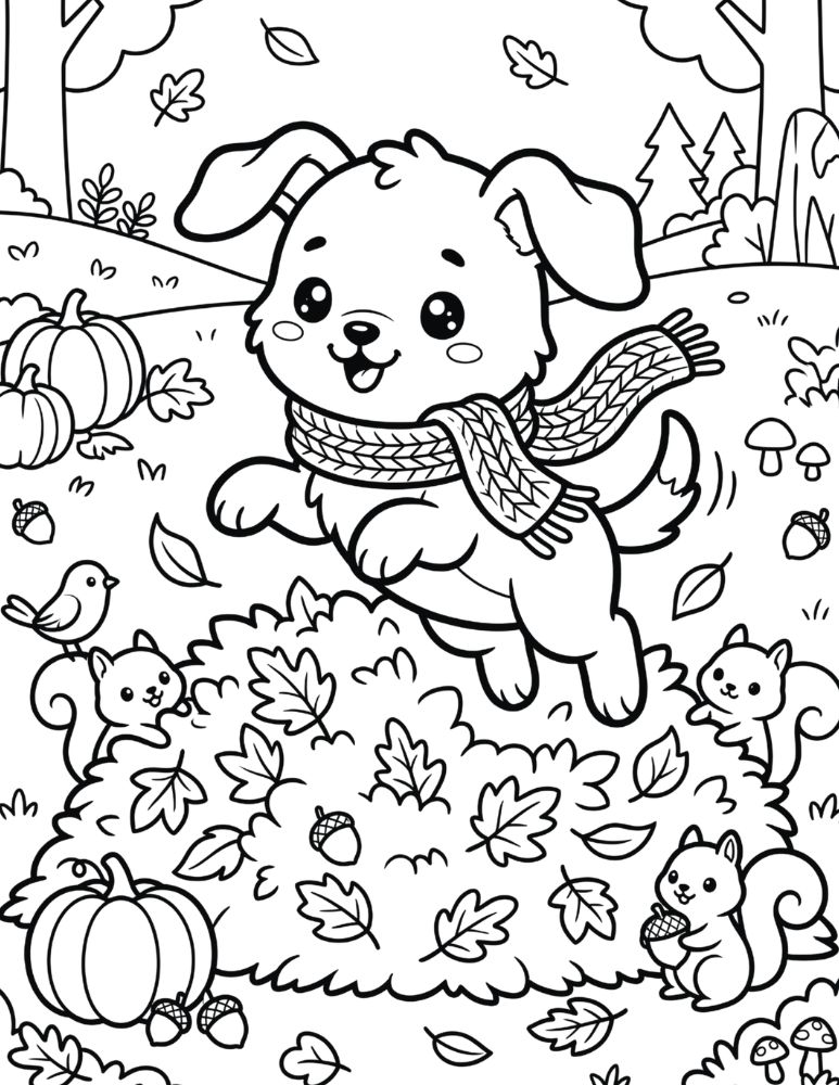 Cute puppy wearing a scarf jumping into a pile of colorful fall leaves. 