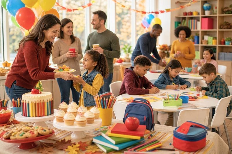 Children and parents celebrate a back-to-school party with balloons, snacks, crafts, and school supplies.