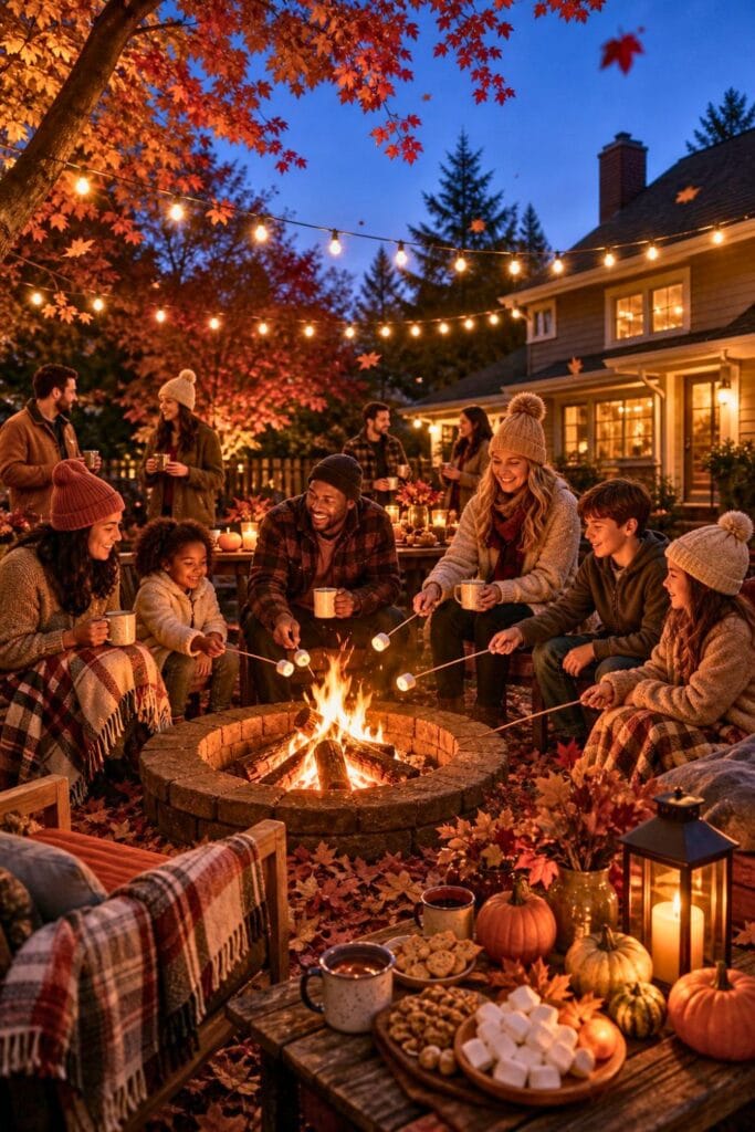 People gathered around a backyard bonfire in autumn, roasting marshmallows and enjoying a fall evening together.