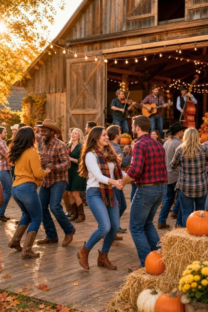 People dancing and playing acoustic music at a decorated barn during a fall party.