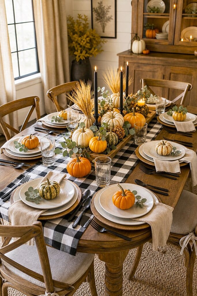 A farmhouse dining table decorated with a black-and-white checkered cloth, pumpkins, gourds, foliage, dinnerware, and candles.