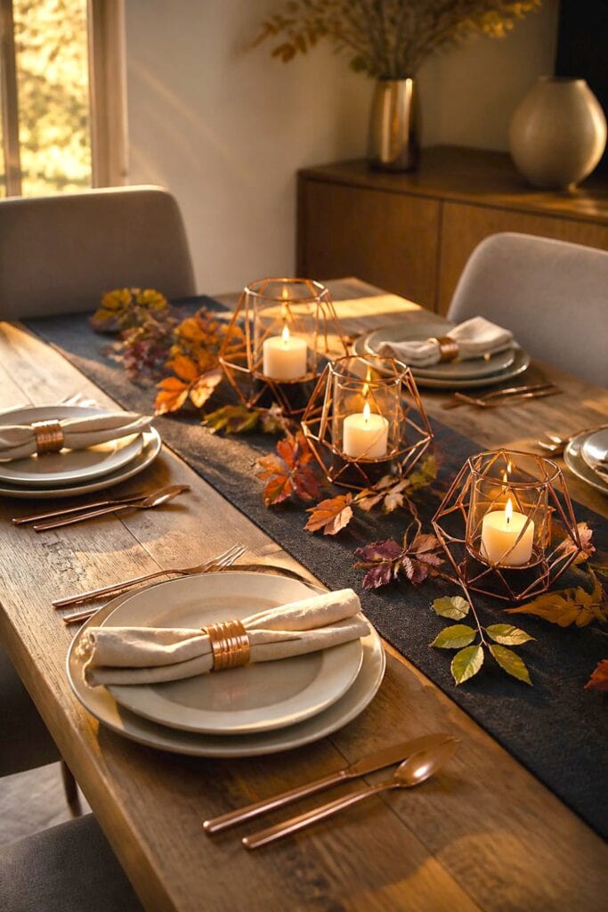 A fall dining table decorated with black linen, rose gold geometric candle holders, glowing candles, and autumn foliage.
