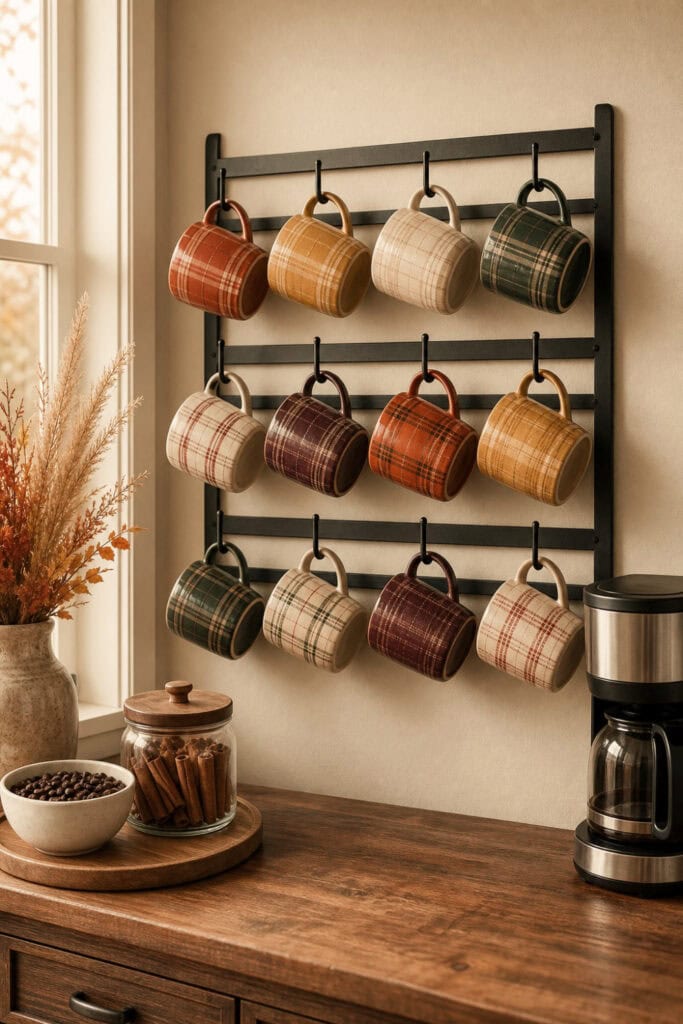 A black metal mug rack holding plaid mugs above a cozy fall coffee bar.