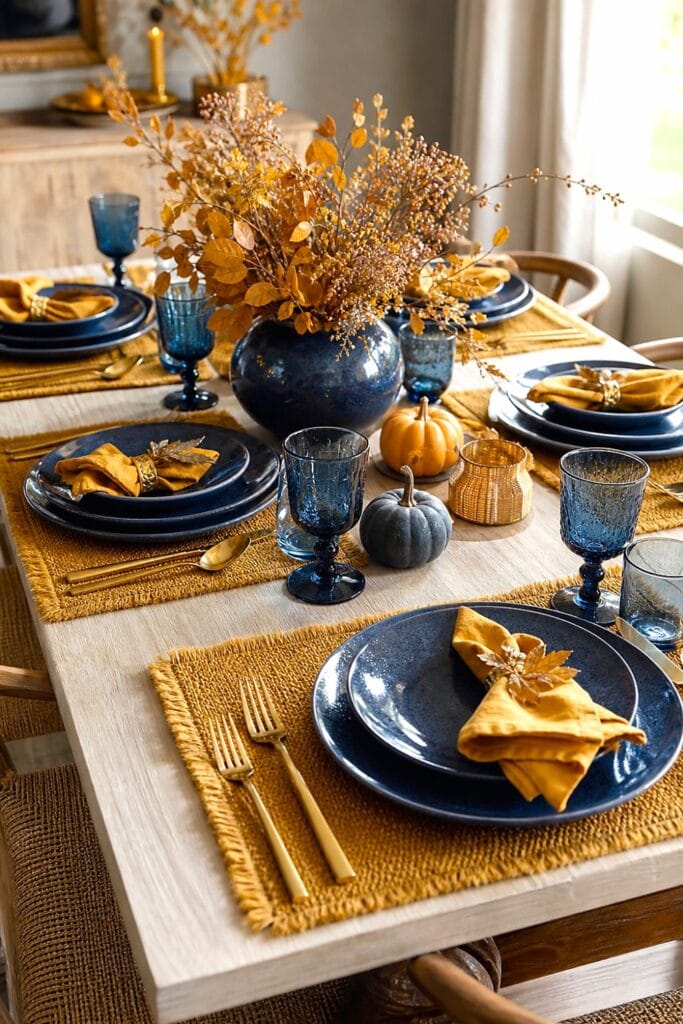 A fall dining table set with blue dishes, mustard napkins, gold flatware, and seasonal decorations.