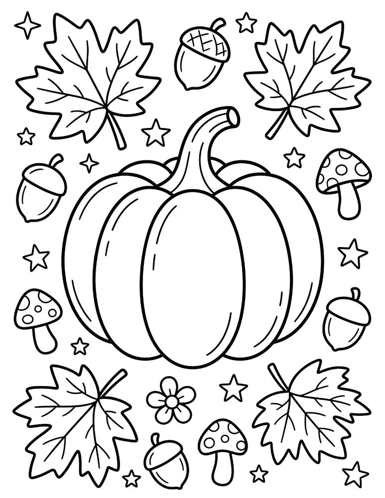 Simple bold pumpkin coloring page with thick outlines, large open shapes, autumn leaves, acorns, and mushrooms.