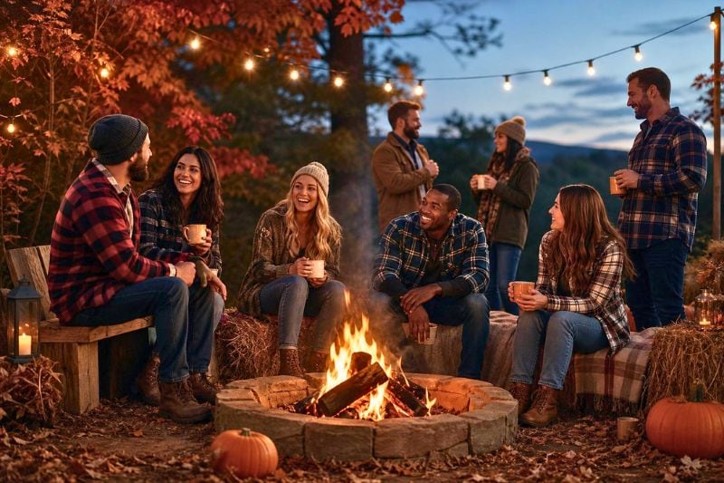 Friends in flannel clothing gather around a bonfire in an autumn woodland clearing.