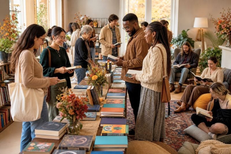 People browse and exchange books at a welcoming reading party while others relax and read nearby.