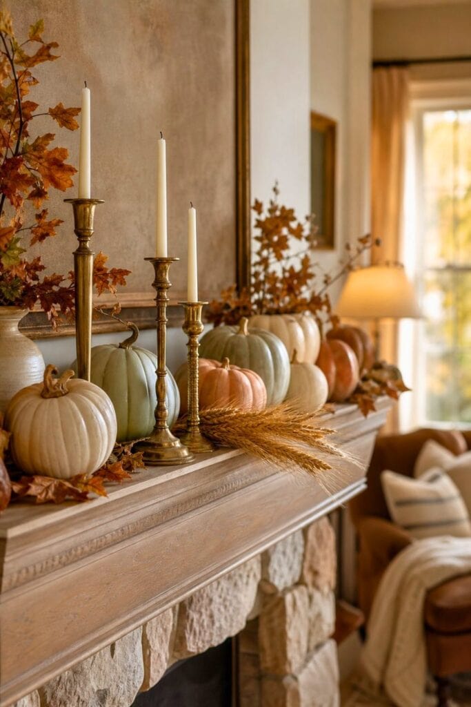 A cozy mantel decorated with brass candlesticks and heirloom pumpkins in muted autumn colors.