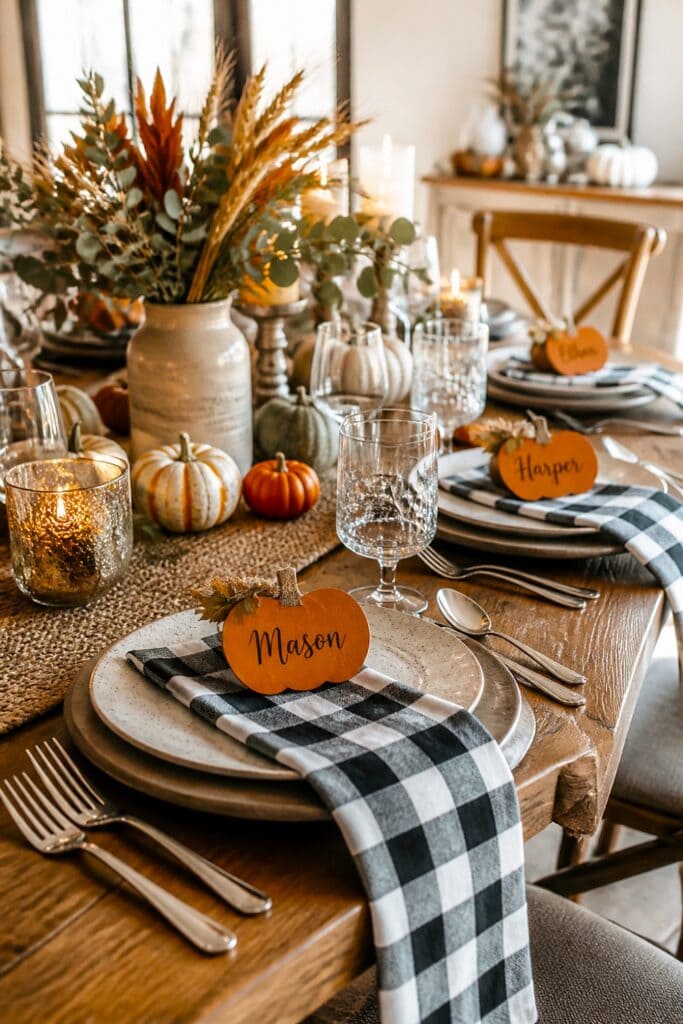 A farmhouse dining table with buffalo check napkins and pumpkin-shaped place cards at each place setting.
