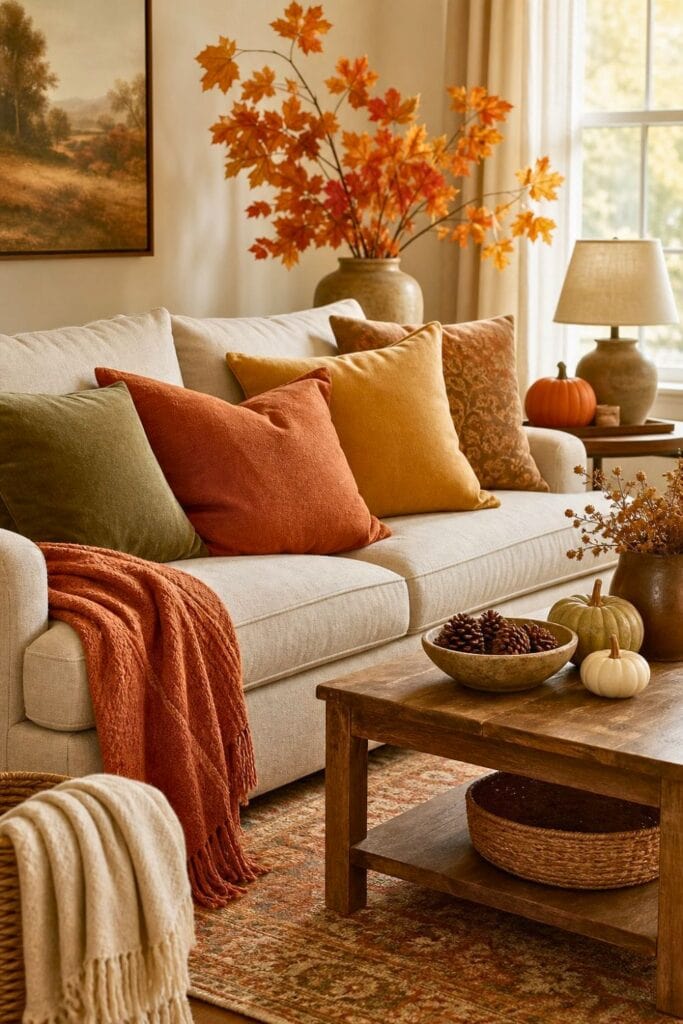 A cozy living room decorated in warm autumn colors with a sofa, seasonal branches, pumpkins, and natural textures.