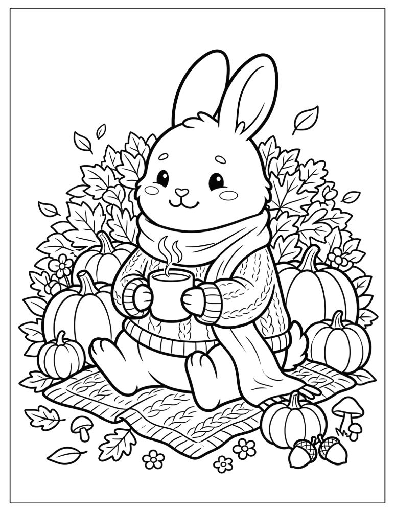 Cute bunny wearing a cozy sweater and scarf sitting among pumpkins, autumn leaves, acorns, mushrooms, and a warm mug.
