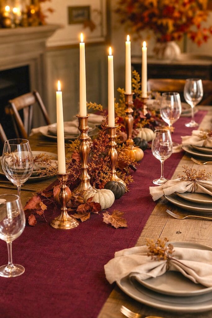 A fall dining table with a burgundy runner, copper candlesticks, candles, and seasonal decorations.