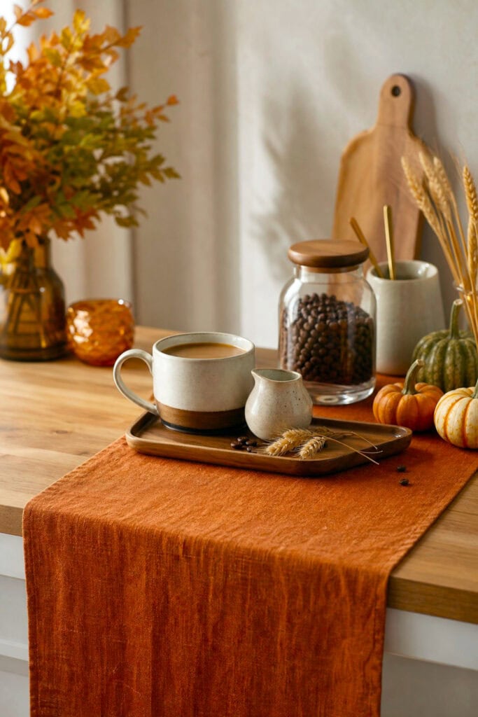 A cozy coffee bar with a burnt orange linen runner, coffee accessories, and small autumn decorations.