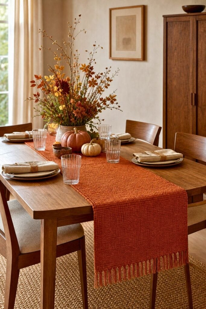 A small dining table with a burnt orange runner, neutral tableware, and a simple fall foliage centerpiece.