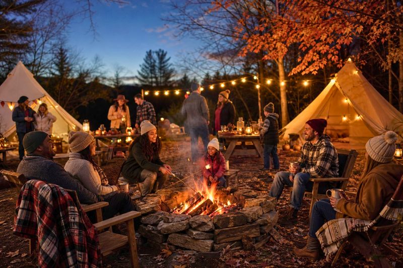 A group of people enjoys a campfire party at a woodland campsite surrounded by tents, chairs, and early autumn foliage.