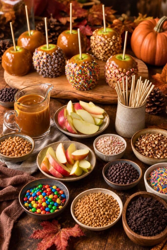 A table with caramel apples and various toppings for decorating, surrounded by autumn decorations like pumpkins and fall leaves.