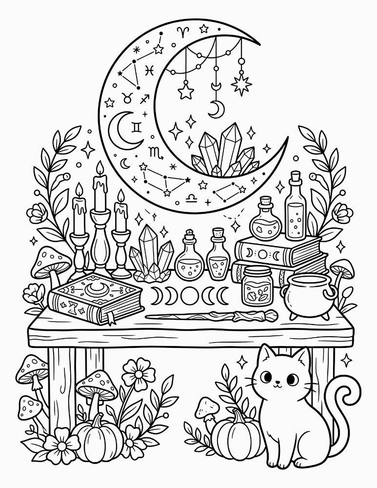 Cozy celestial witch altar decorated with candles, crystals, potion bottles, moon phases, stars, mushrooms, and a black cat