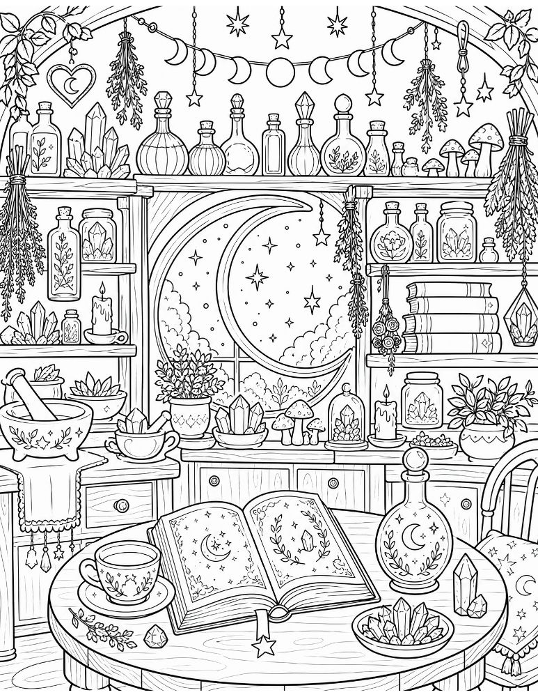 Cozy celestial witch apothecary filled with potion bottles, herbs, crystals, candles, spell books, mushrooms, and moon decorations