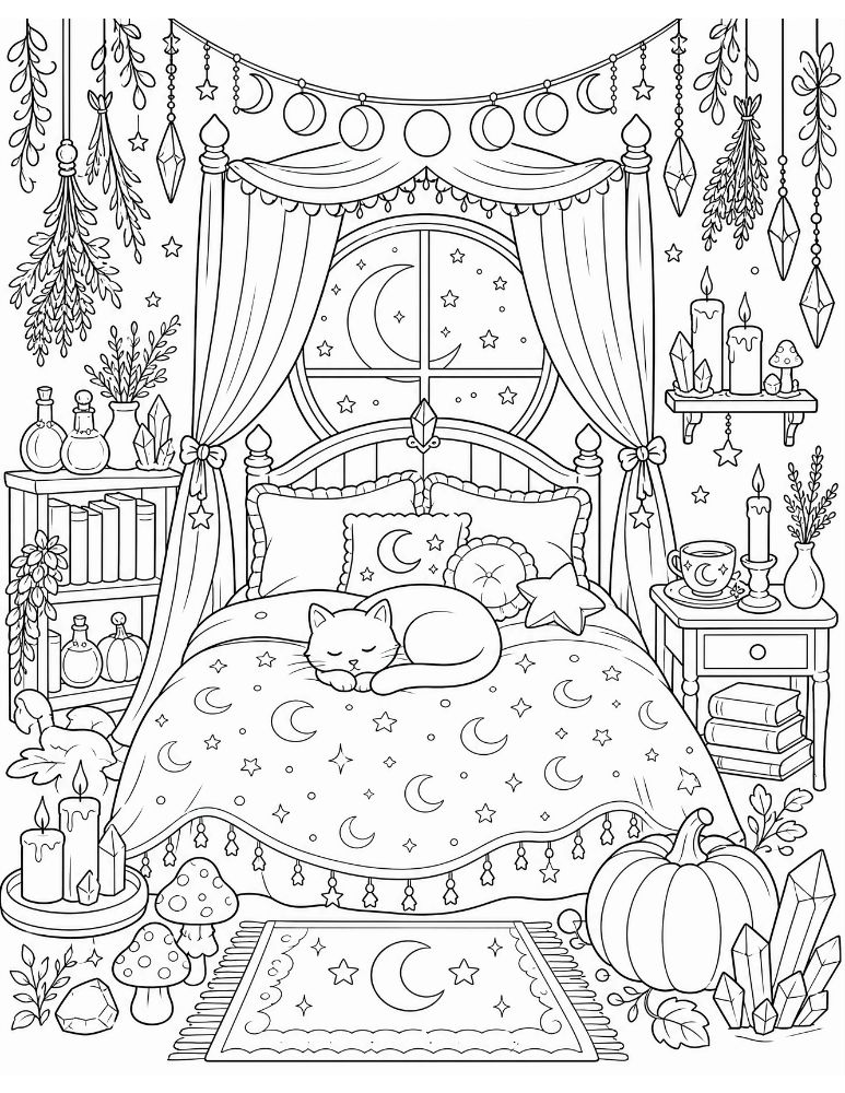 Cozy celestial witch bedroom with a canopy bed, crescent moon window, moon phase decorations, crystals, candles, spell books, and a sleeping black cat